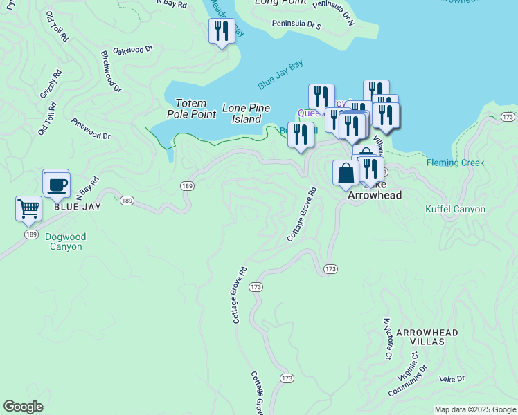 map of restaurants, bars, coffee shops, grocery stores, and more near 329 Summit Road in Lake Arrowhead