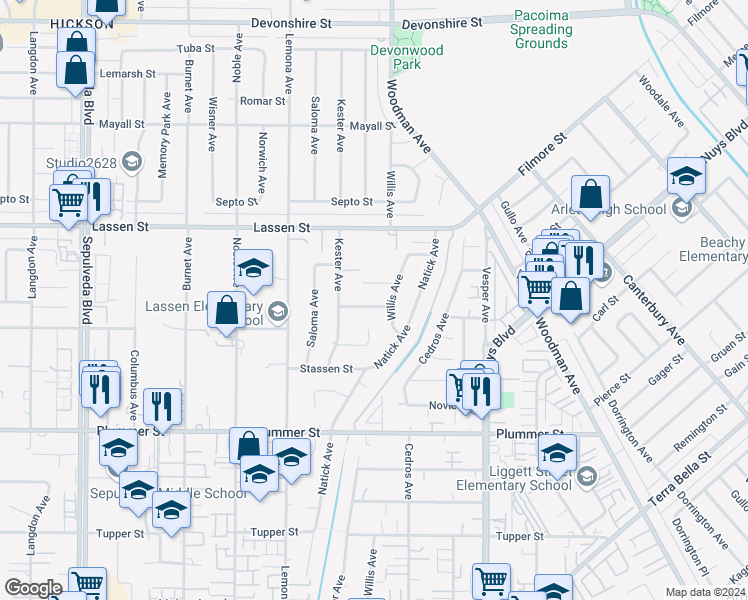 map of restaurants, bars, coffee shops, grocery stores, and more near 14815 Needles Street in Los Angeles