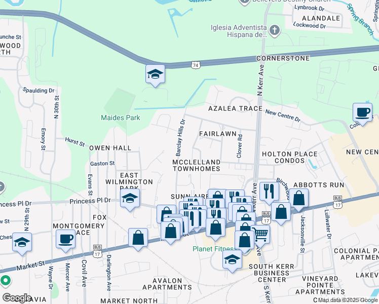 map of restaurants, bars, coffee shops, grocery stores, and more near 419 Estate Road in Wilmington