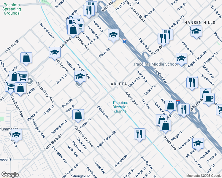 map of restaurants, bars, coffee shops, grocery stores, and more near 9751 Stanwin Avenue in Los Angeles