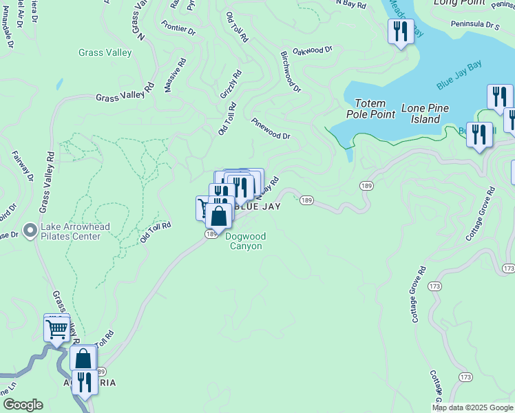 map of restaurants, bars, coffee shops, grocery stores, and more near 27026 California 189 in Lake Arrowhead