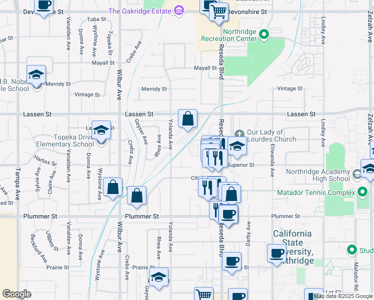 map of restaurants, bars, coffee shops, grocery stores, and more near 18577 Marilla Street in Los Angeles