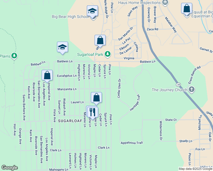 map of restaurants, bars, coffee shops, grocery stores, and more near 267 Spruce Lane in Big Bear