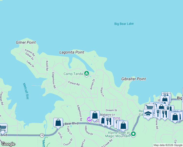 map of restaurants, bars, coffee shops, grocery stores, and more near 40034 Lakeview Drive in Big Bear Lake