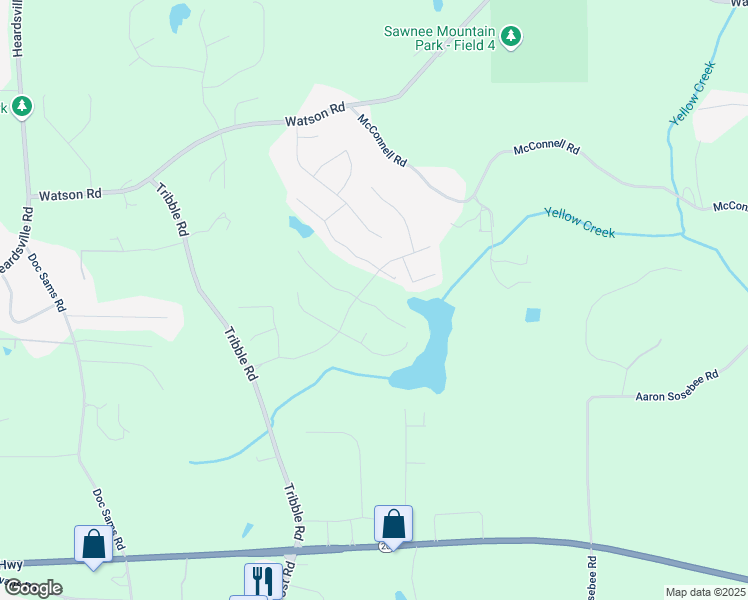 map of restaurants, bars, coffee shops, grocery stores, and more near 4125 Hidden River Drive in Cumming