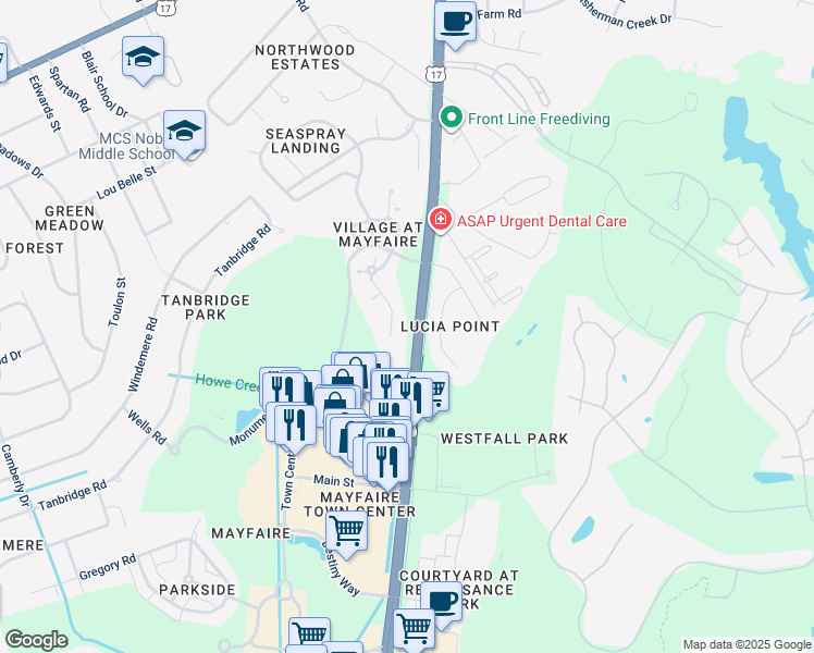 map of restaurants, bars, coffee shops, grocery stores, and more near 645 Village Park Drive in Wilmington