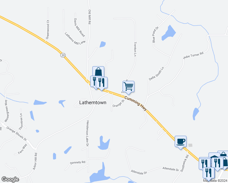map of restaurants, bars, coffee shops, grocery stores, and more near 11501 Cumming Highway in Canton