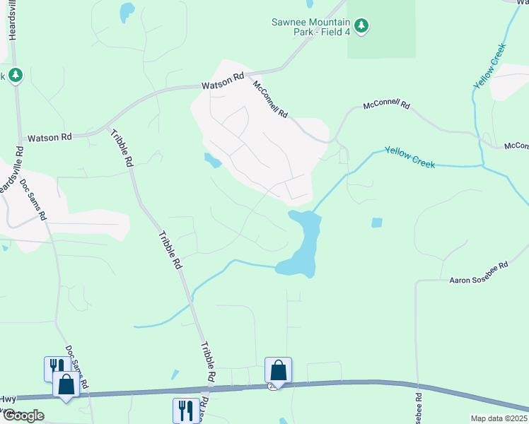 map of restaurants, bars, coffee shops, grocery stores, and more near 4125 Hidden River Drive in Cumming