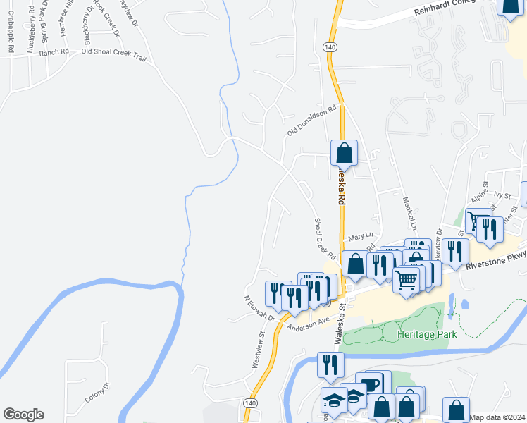 map of restaurants, bars, coffee shops, grocery stores, and more near 506 North Etowah Drive in Canton