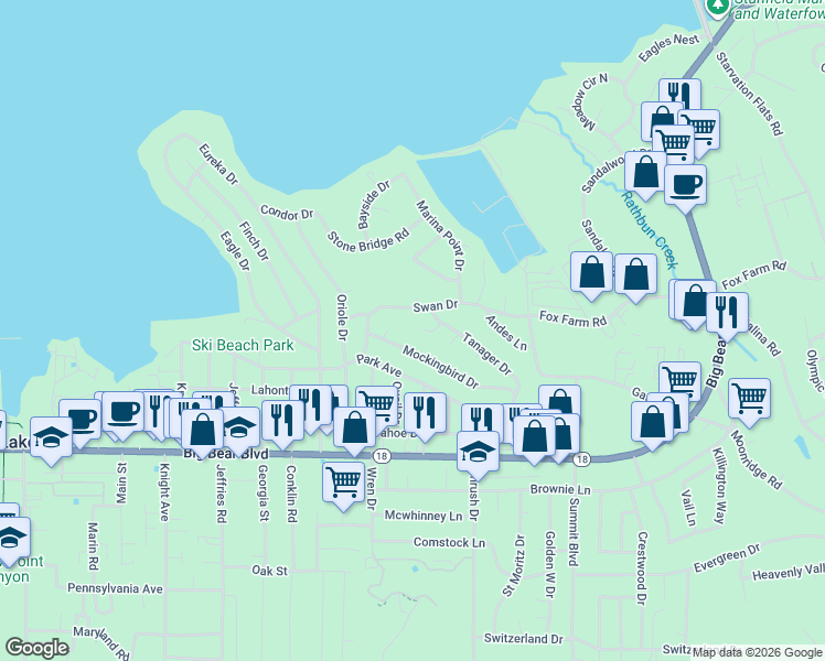 map of restaurants, bars, coffee shops, grocery stores, and more near 41604 Hummingbird Lane in Big Bear Lake
