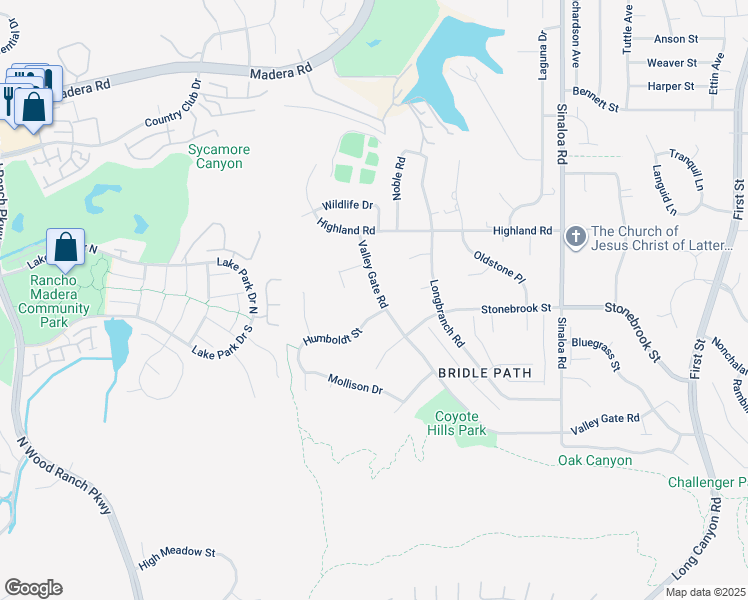 map of restaurants, bars, coffee shops, grocery stores, and more near 425 Valley Gate Road in Simi Valley