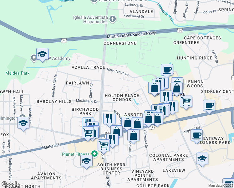 map of restaurants, bars, coffee shops, grocery stores, and more near 4607 McClelland Drive in Wilmington