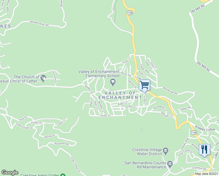 map of restaurants, bars, coffee shops, grocery stores, and more near 22784 Elm Drive in Crestline
