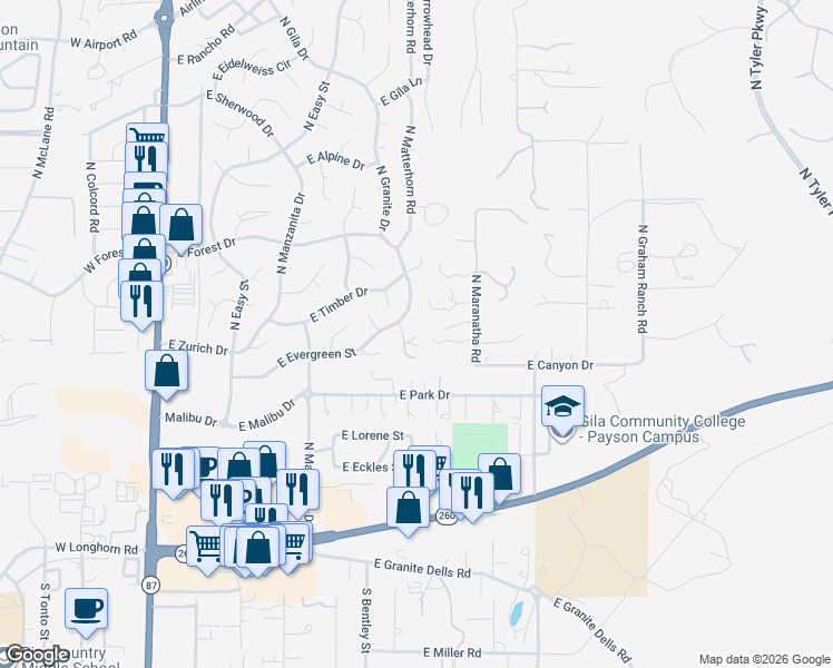 map of restaurants, bars, coffee shops, grocery stores, and more near 500 North Granite Drive in Payson