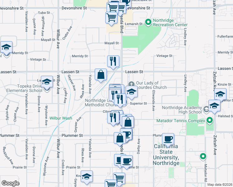 map of restaurants, bars, coffee shops, grocery stores, and more near 9735 Reseda Boulevard in Los Angeles