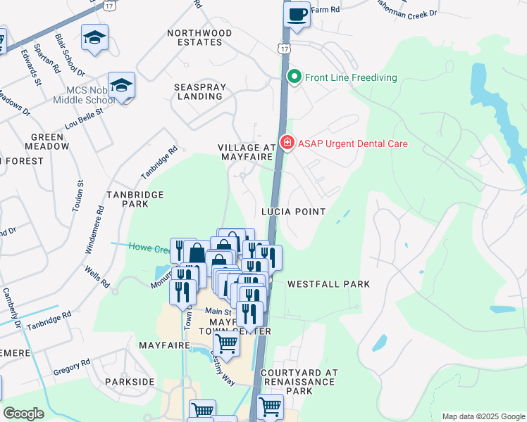 map of restaurants, bars, coffee shops, grocery stores, and more near 645 Village Park Drive in Wilmington