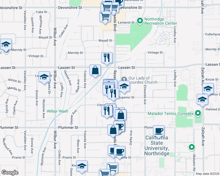 map of restaurants, bars, coffee shops, grocery stores, and more near 9735 Reseda Boulevard in Los Angeles