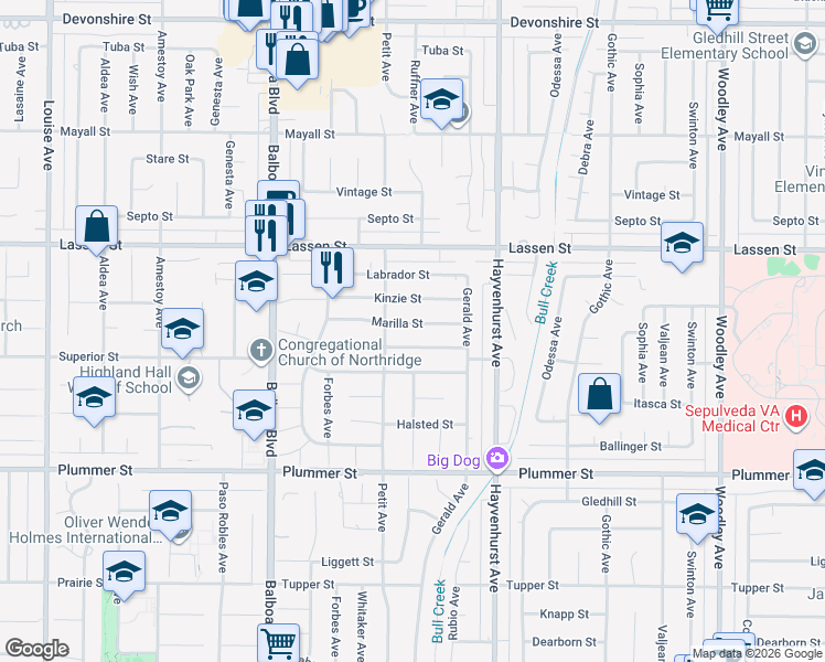 map of restaurants, bars, coffee shops, grocery stores, and more near 16730 Marilla Street in Los Angeles