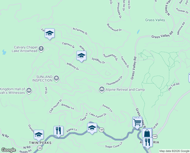 map of restaurants, bars, coffee shops, grocery stores, and more near 26395 Augusta Drive in Lake Arrowhead
