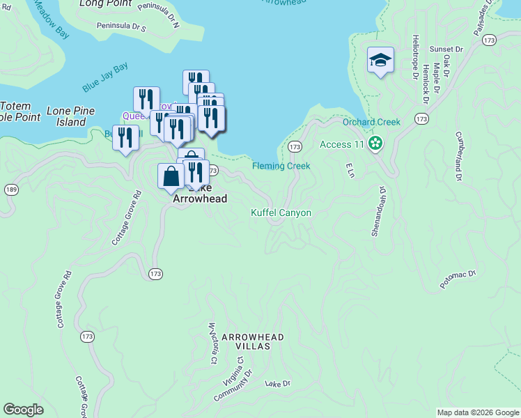 map of restaurants, bars, coffee shops, grocery stores, and more near 290 Flower Drive in Lake Arrowhead
