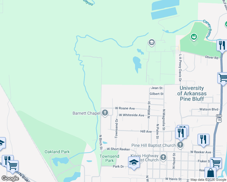 map of restaurants, bars, coffee shops, grocery stores, and more near 2005 North Birch Street in Pine Bluff