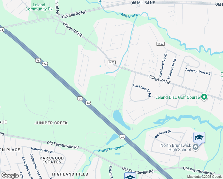 map of restaurants, bars, coffee shops, grocery stores, and more near 9789 Woodriff Circle Northeast in Leland