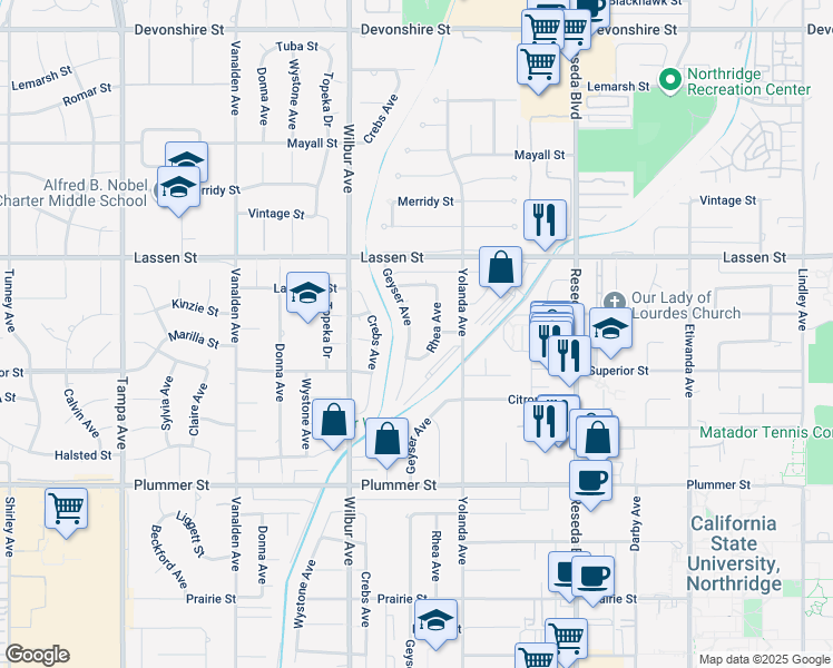 map of restaurants, bars, coffee shops, grocery stores, and more near 9722 Geyser Avenue in Los Angeles