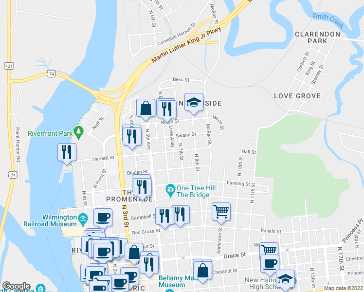map of restaurants, bars, coffee shops, grocery stores, and more near 1006 North 7th Street in Wilmington