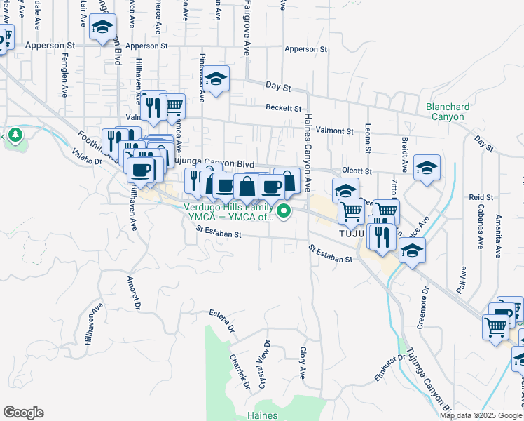 map of restaurants, bars, coffee shops, grocery stores, and more near 6919 Foothill Boulevard in Los Angeles