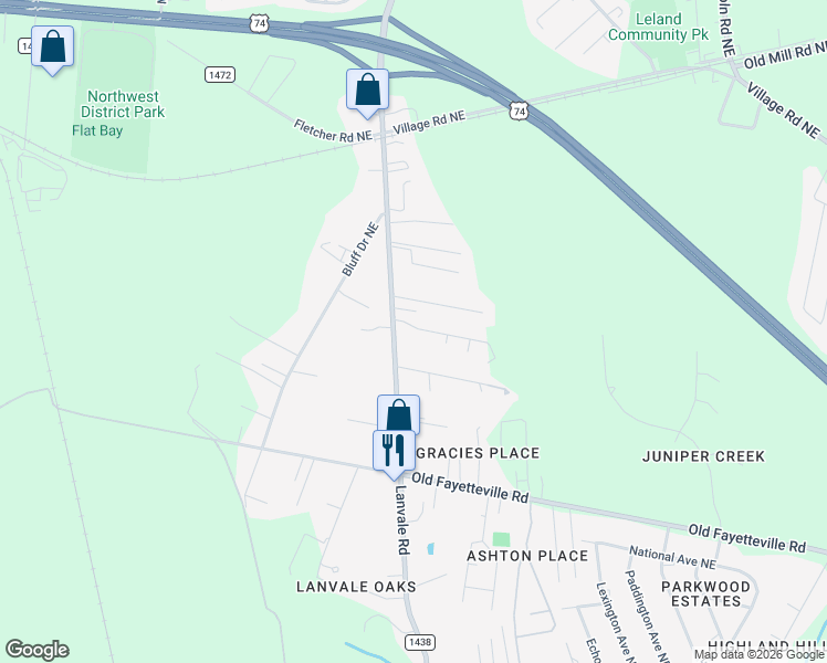 map of restaurants, bars, coffee shops, grocery stores, and more near 8951 Flat Path NE in Leland