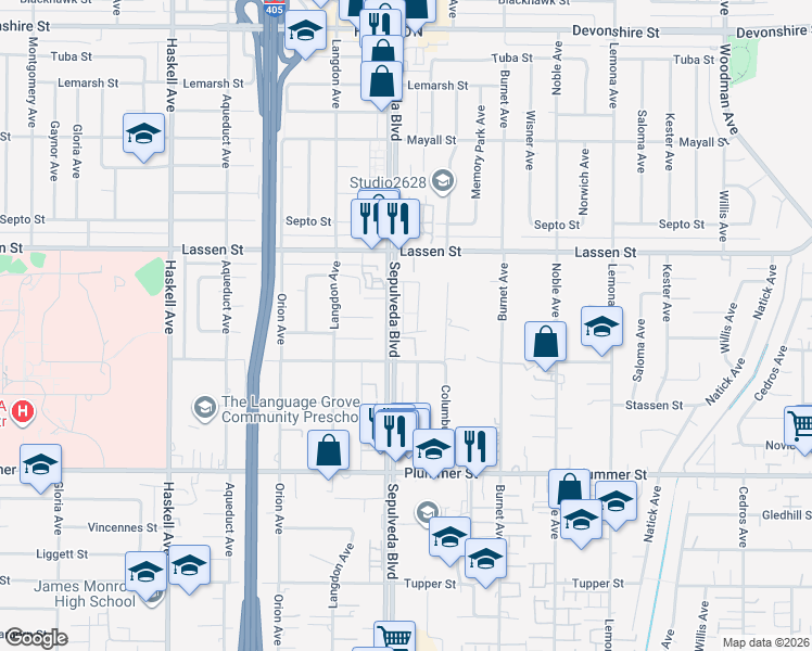map of restaurants, bars, coffee shops, grocery stores, and more near 9740 Sepulveda Boulevard in Los Angeles