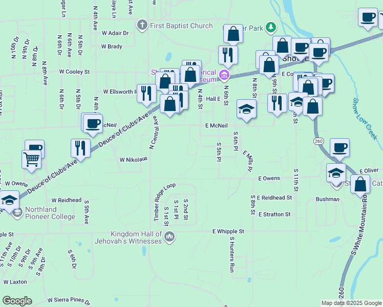 map of restaurants, bars, coffee shops, grocery stores, and more near 401 East Mills in Show Low