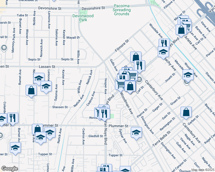 map of restaurants, bars, coffee shops, grocery stores, and more near 9763 Vesper Avenue in Los Angeles