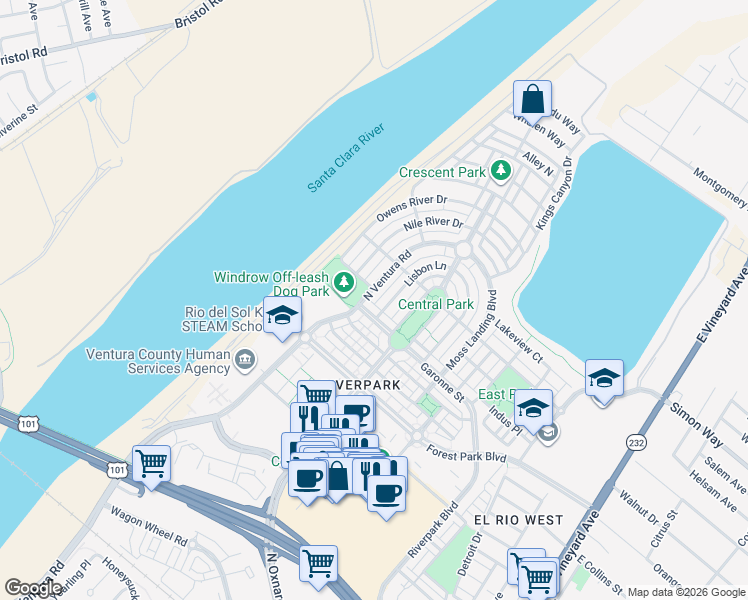 map of restaurants, bars, coffee shops, grocery stores, and more near 3112 North Ventura Road in Oxnard