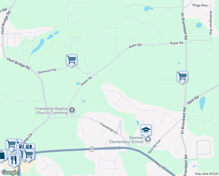 map of restaurants, bars, coffee shops, grocery stores, and more near 2180 Chadwick Drive in Cumming