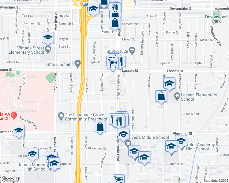 map of restaurants, bars, coffee shops, grocery stores, and more near 15408 Kinzie Street in North Hills