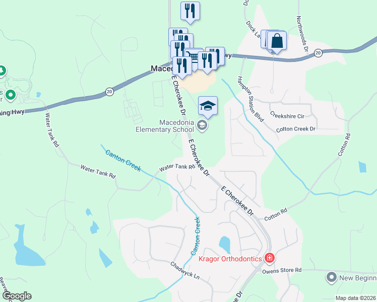 map of restaurants, bars, coffee shops, grocery stores, and more near 10345 East Cherokee Drive in Canton