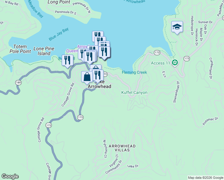 map of restaurants, bars, coffee shops, grocery stores, and more near 295 Mittry Lane in Lake Arrowhead