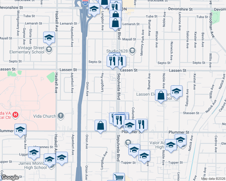 map of restaurants, bars, coffee shops, grocery stores, and more near 15414 Kinzie Street in Los Angeles