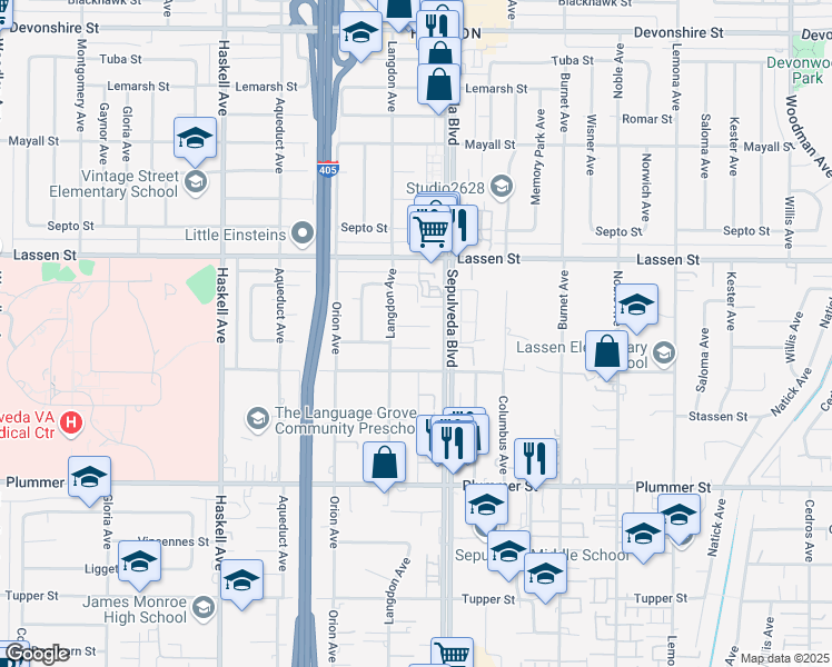 map of restaurants, bars, coffee shops, grocery stores, and more near 15430 Kinzie Street in Los Angeles