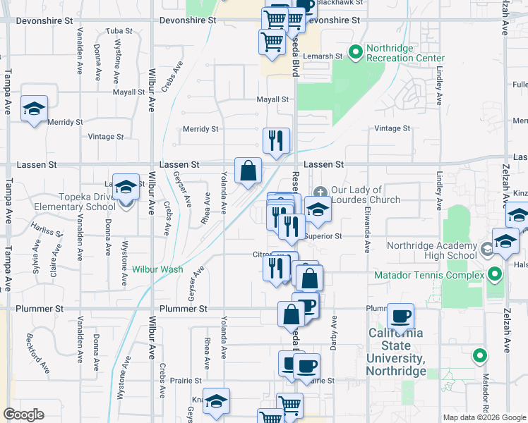 map of restaurants, bars, coffee shops, grocery stores, and more near 9751 Reseda Boulevard in Los Angeles