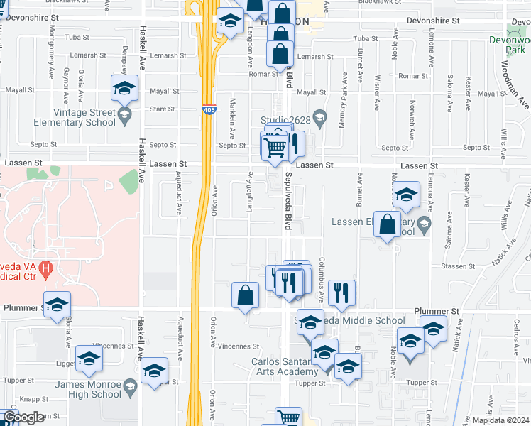 map of restaurants, bars, coffee shops, grocery stores, and more near 15430 Kinzie Street in Los Angeles