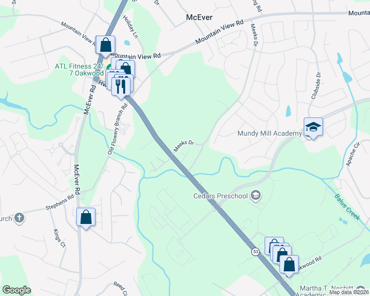 map of restaurants, bars, coffee shops, grocery stores, and more near 4217 Mundy Mill Place in Oakwood