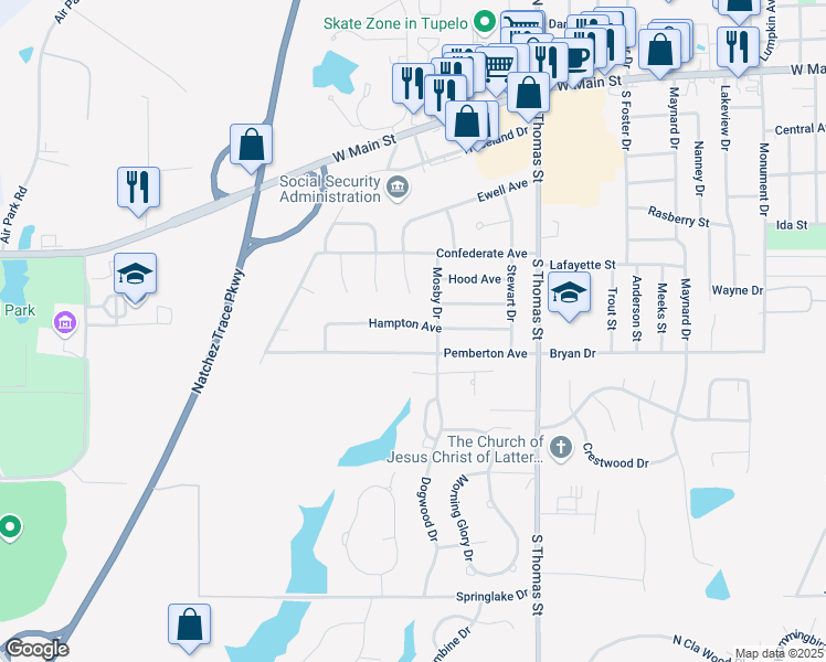 map of restaurants, bars, coffee shops, grocery stores, and more near 2605 Hampton Avenue in Tupelo