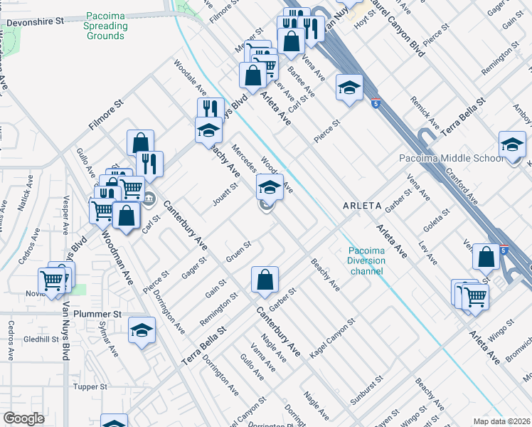 map of restaurants, bars, coffee shops, grocery stores, and more near 9757 Beachy Avenue in Los Angeles