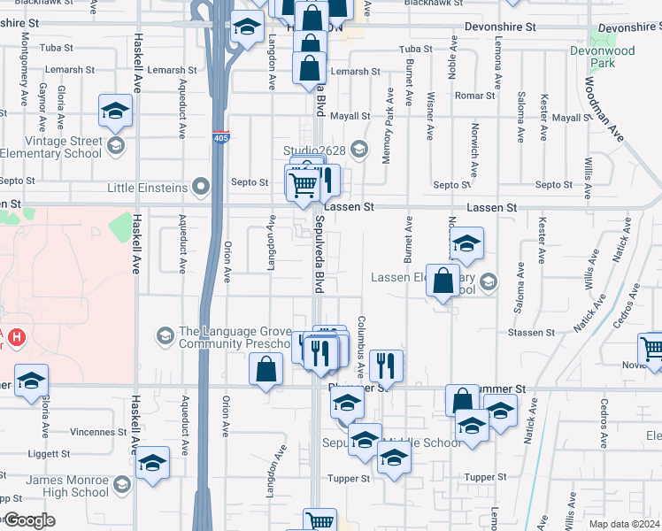 map of restaurants, bars, coffee shops, grocery stores, and more near 9740 Sepulveda Boulevard in Los Angeles