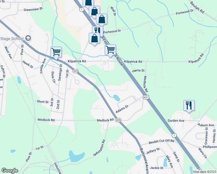 map of restaurants, bars, coffee shops, grocery stores, and more near 112 Guinivere Drive in Albertville