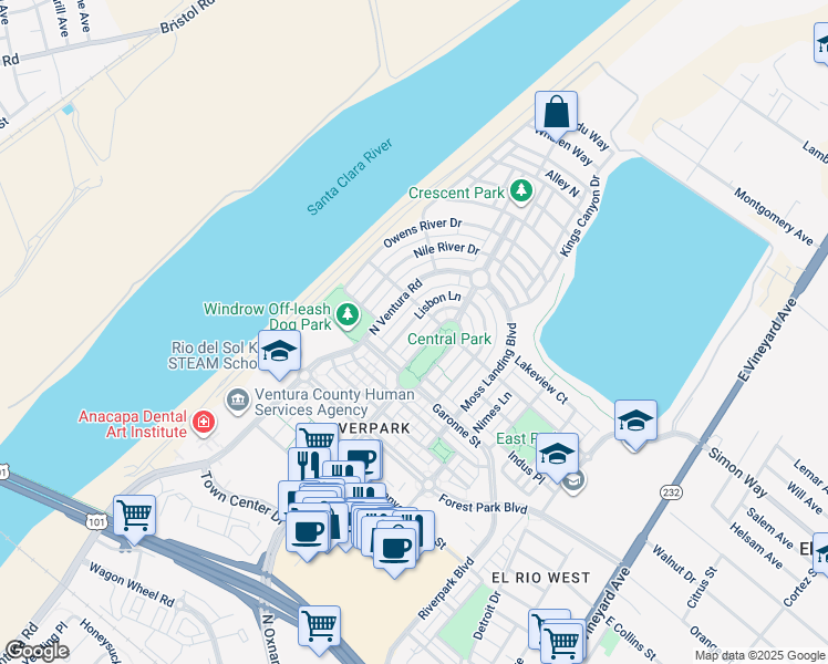 map of restaurants, bars, coffee shops, grocery stores, and more near 3132 Lisbon Lane in Oxnard