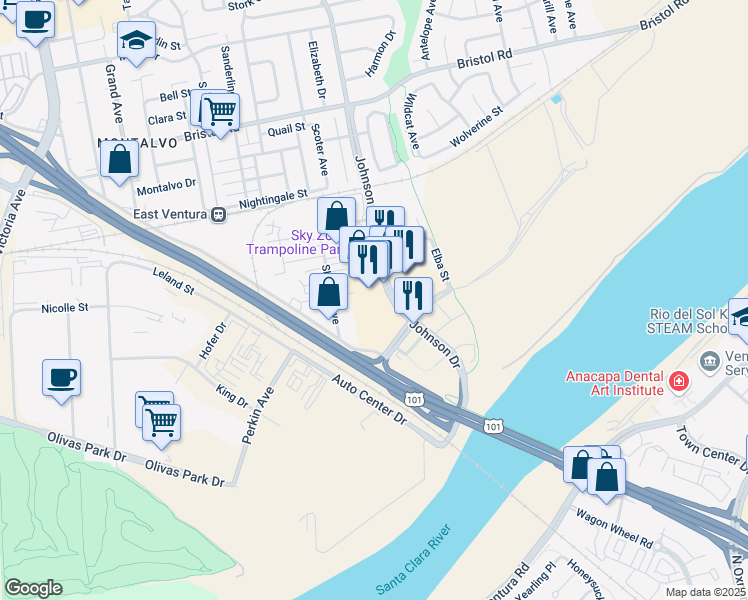 map of restaurants, bars, coffee shops, grocery stores, and more near 2897 Johnson Drive in Ventura
