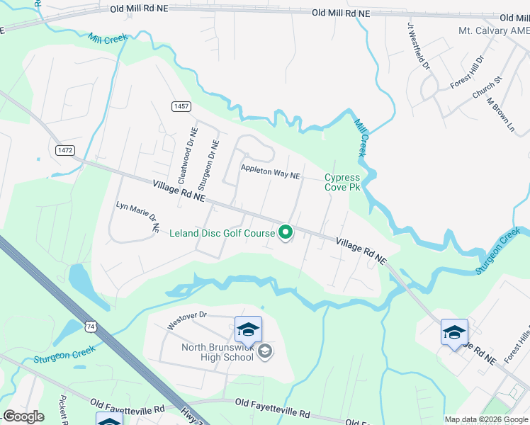 map of restaurants, bars, coffee shops, grocery stores, and more near 928 Village Road Northeast in Leland